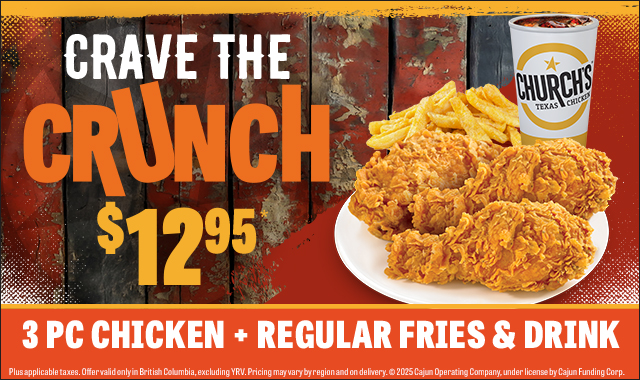 3PC Chicken + 1 Reg Side + 1 Reg Drink for $12.95