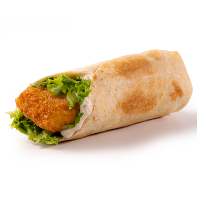 Church's Texas Chicken Fish Wrap with hand-battered fish fillet, mayonnaise, lettuce, and a soft flour tortilla.