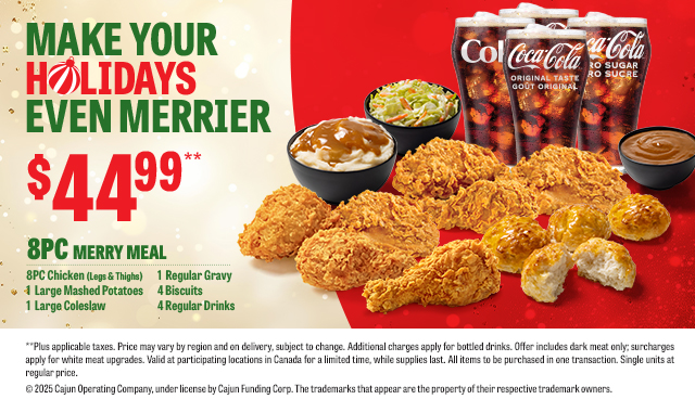 Merry Meals - 8pc Chicken, large mashed potatoes, large coleslaw, regular gravy, 4 biscuits, 4 regul