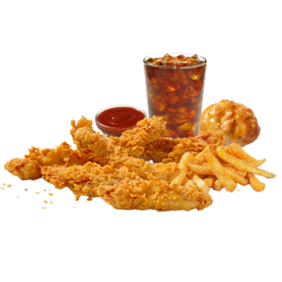 5 Piece Chicken Tender Combo​: Five succulent, crispy chicken tenders made from 100% chicken breast, served with a side and drink.
