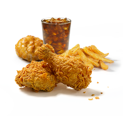2 piece chicken Meal: Two pieces of golden, crispy Church's Texas Chicken, served with a classic side and a refreshing drink.