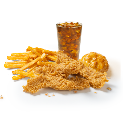 3 Piece Chicken Tender Combo: Three golden, hand-breaded chicken tenders, perfectly crispy, served with a side and a cold drink.