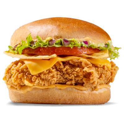 Church's Texas Chicken crispy Mexicana Sandwich fillet with zesty toppings, side, and drink, reflecting its bold, unique flavor.